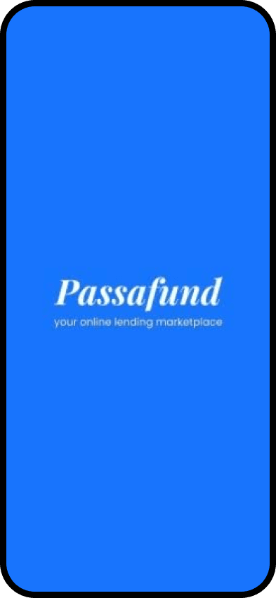 Launch screen: the Passafund wordmark on solid blue with the line your online lending marketplace