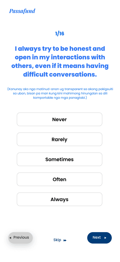 Question 1 of 16, on honesty and openness in interactions, with a Cebuano translation beneath and five options from Never to Always