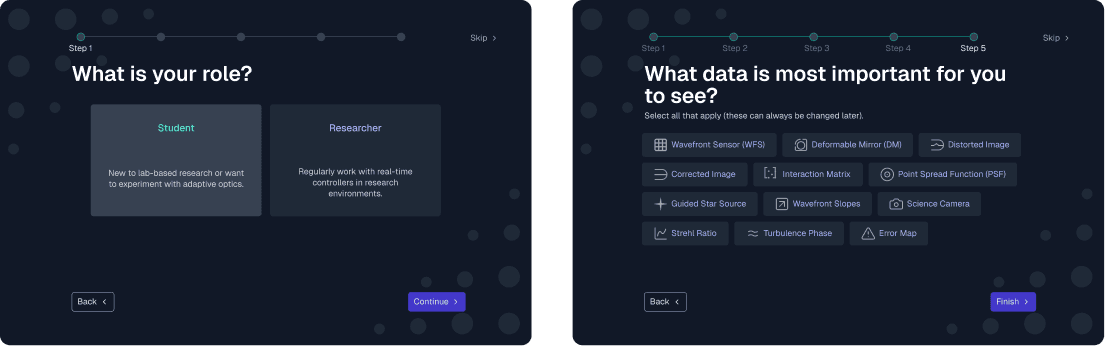 Two onboarding steps side by side: step one asking whether you are a student or researcher, and step five selecting which data streams matter most