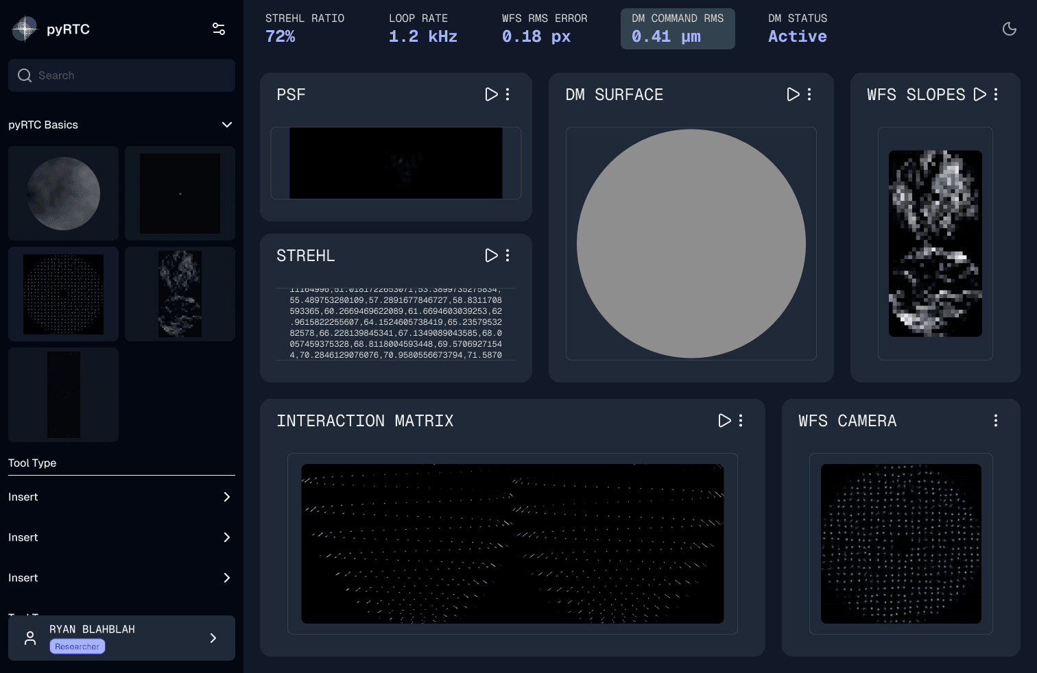 The bento-box workspace: Strehl ratio, loop rate, wavefront error and DM status along the top, with PSF, DM surface, wavefront slopes, Strehl, interaction matrix and camera as rearrangeable blocks