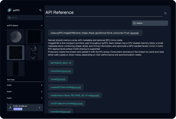 The API reference open inside the workspace, showing the ImageSHM class with its methods listed and linked to source