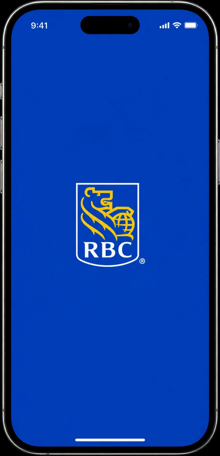 The RBC app on a phone, centred against a Toronto skyline that fades from gold on the left into deep blue on the right, with a plane tracing an arc behind it