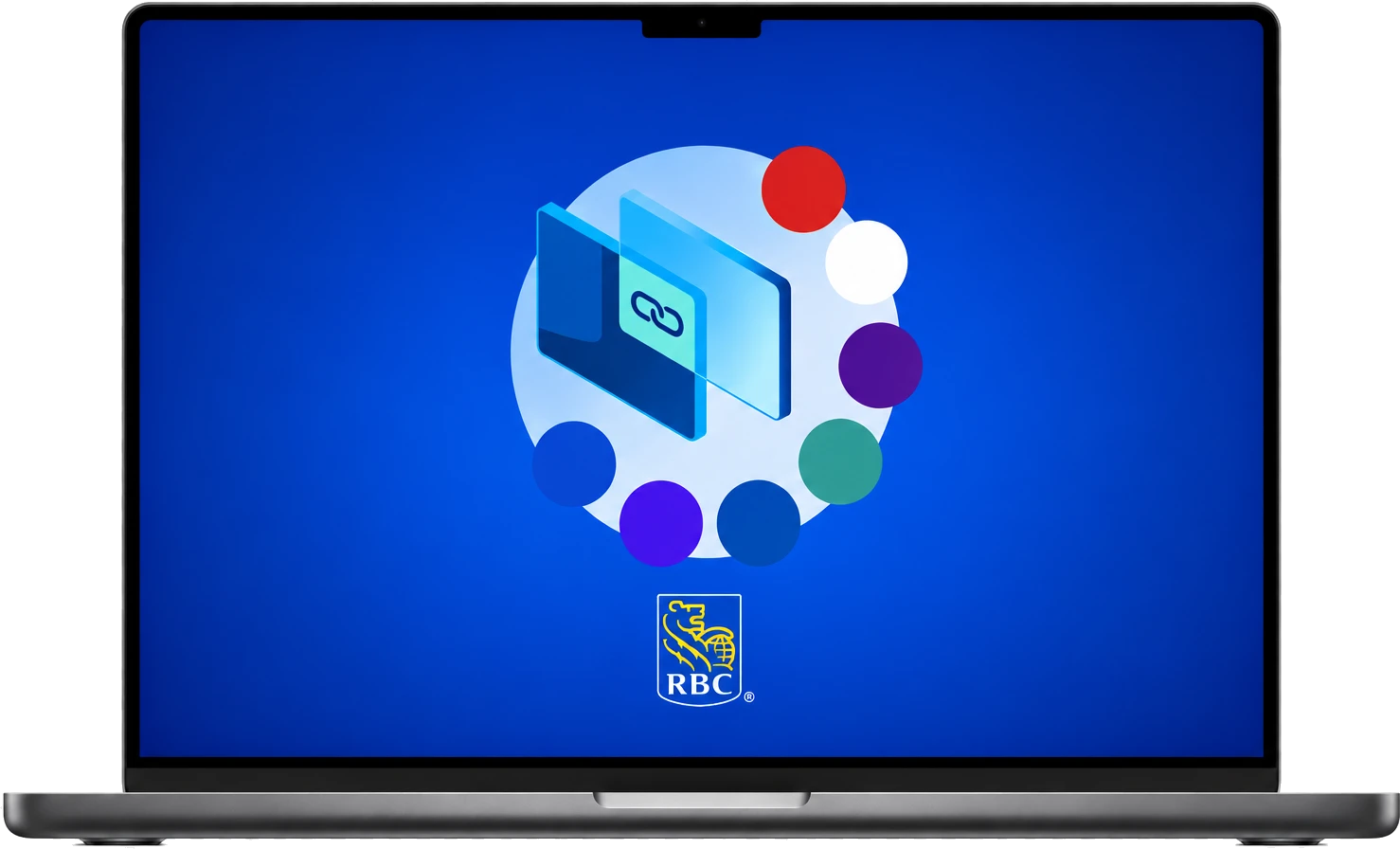 A laptop showing the Partnership Hub opening screen: overlapping cards with a link icon, ringed by the partner brand colours, over RBC blue