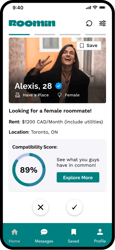 Browse screen: a verified profile card for Alexis, 28, with rent, location and an 89 percent compatibility score