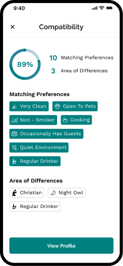 Compatibility breakdown: an 89 percent score with 10 matching preferences and 3 areas of difference listed as tags