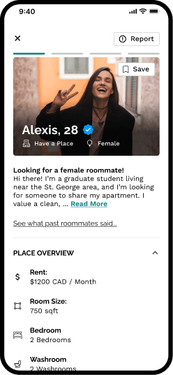 Full profile: photo, bio, a link to what past roommates said, and a place overview with rent, room size, bedrooms and washrooms