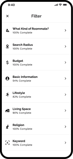 Filter screen listing eight categories, each showing how complete it is