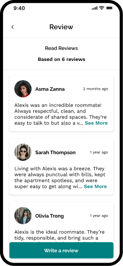 Reviews screen showing six reviews from named past roommates with dates and full text