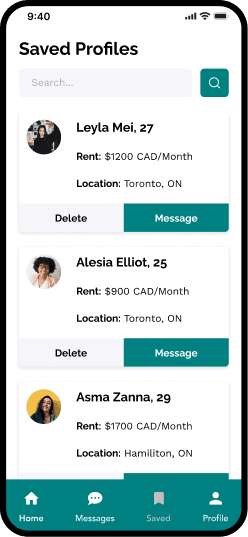 Saved profiles list with rent and location per person, and delete or message actions