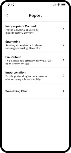 Report screen offering inappropriate content, spamming, fraudulent, impersonation and something else