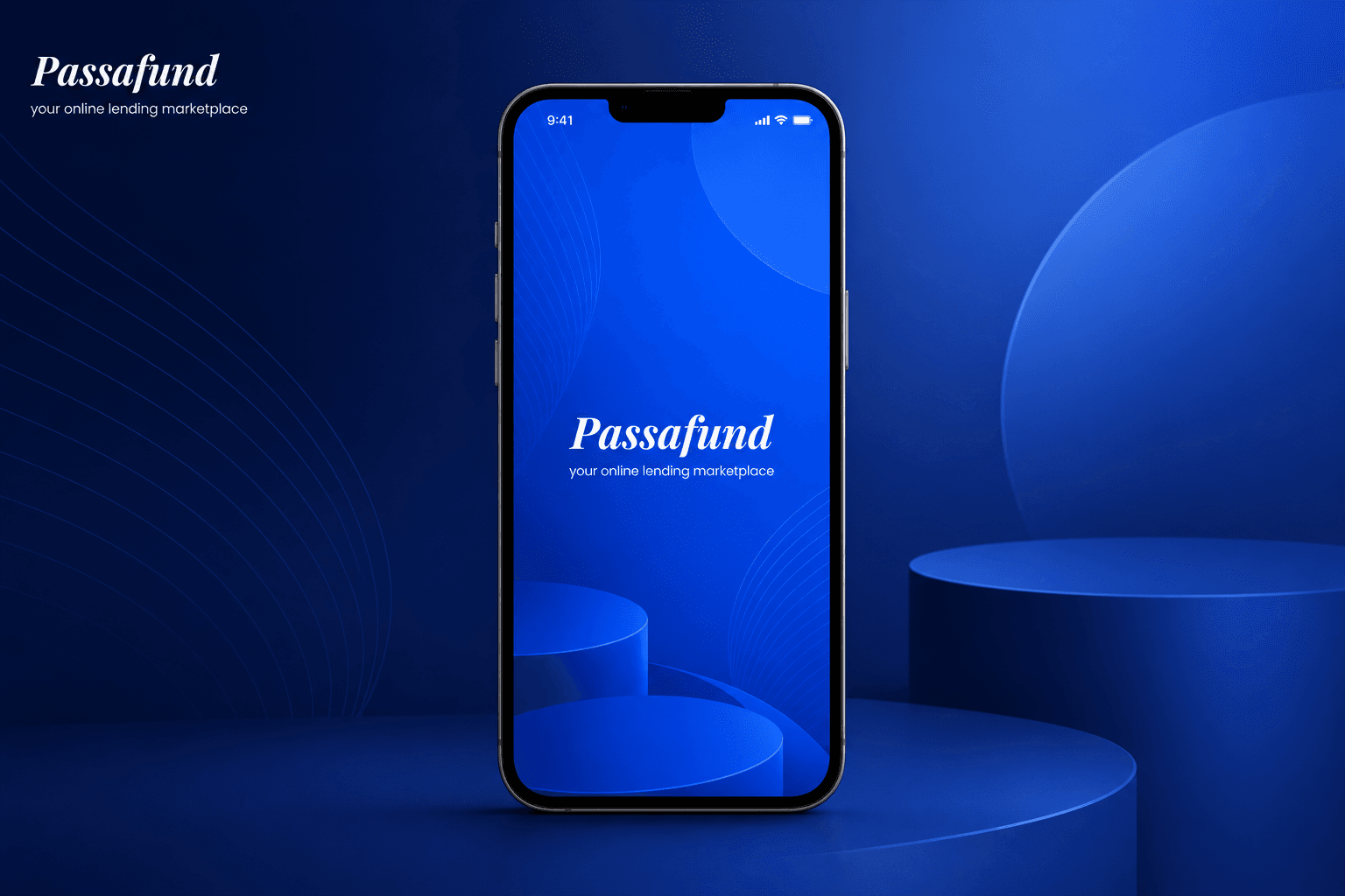 The Passafund app on a phone against a blue backdrop, showing the launch screen and the line your online lending marketplace