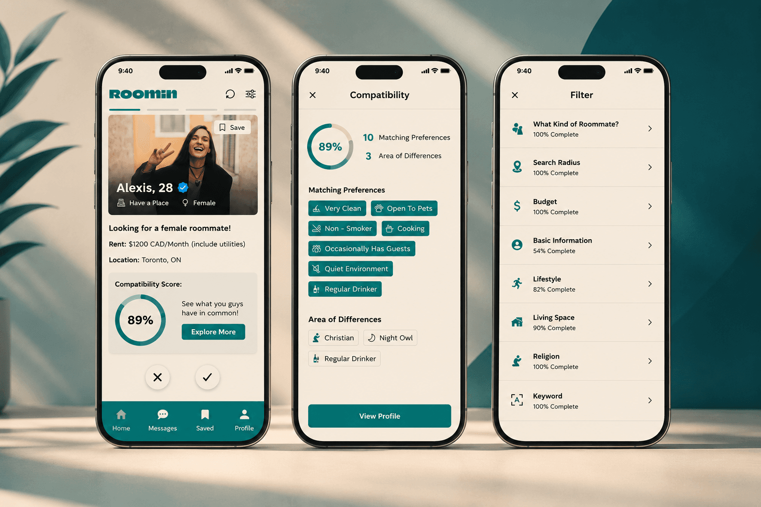 Roomin app, profile with compatibility score, compatibility breakdown and filter screens