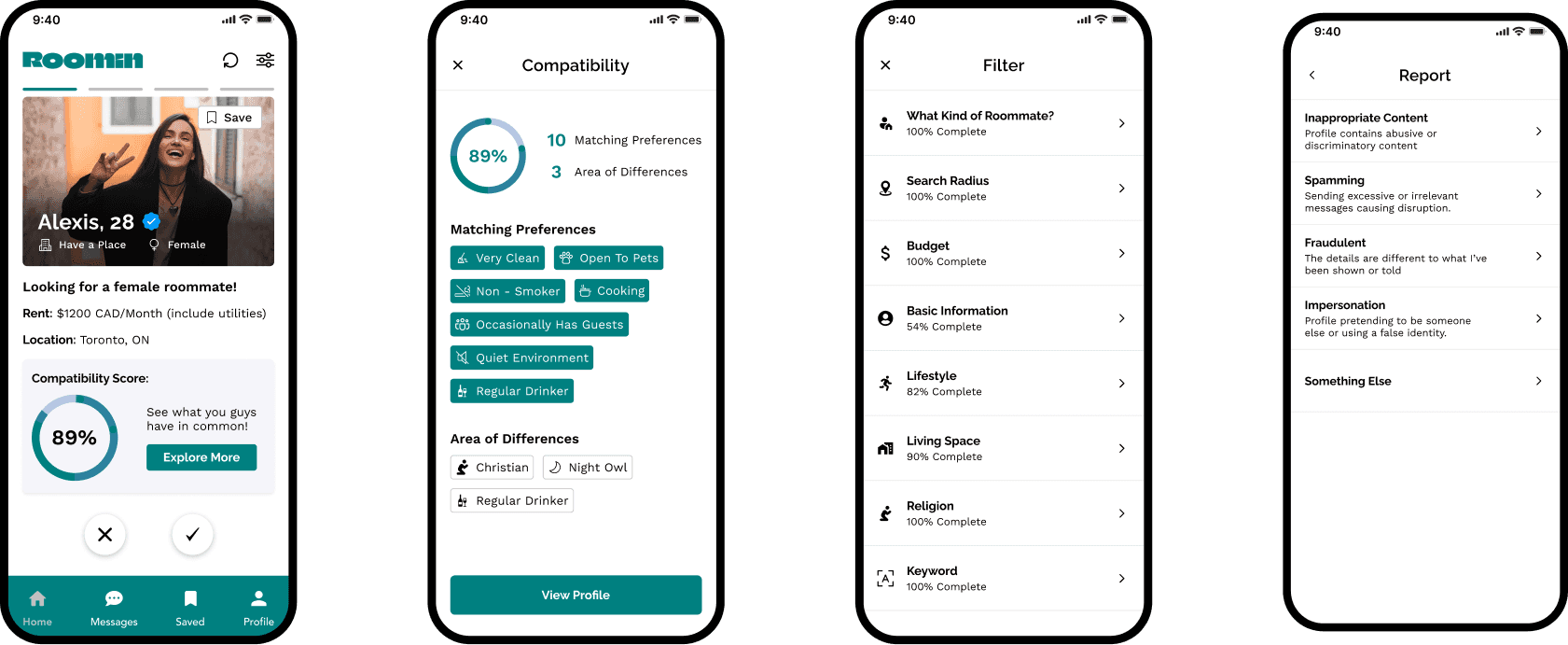 The four trust-first features as screens: a profile carrying its compatibility score, the compatibility breakdown, the filter list, and the report options