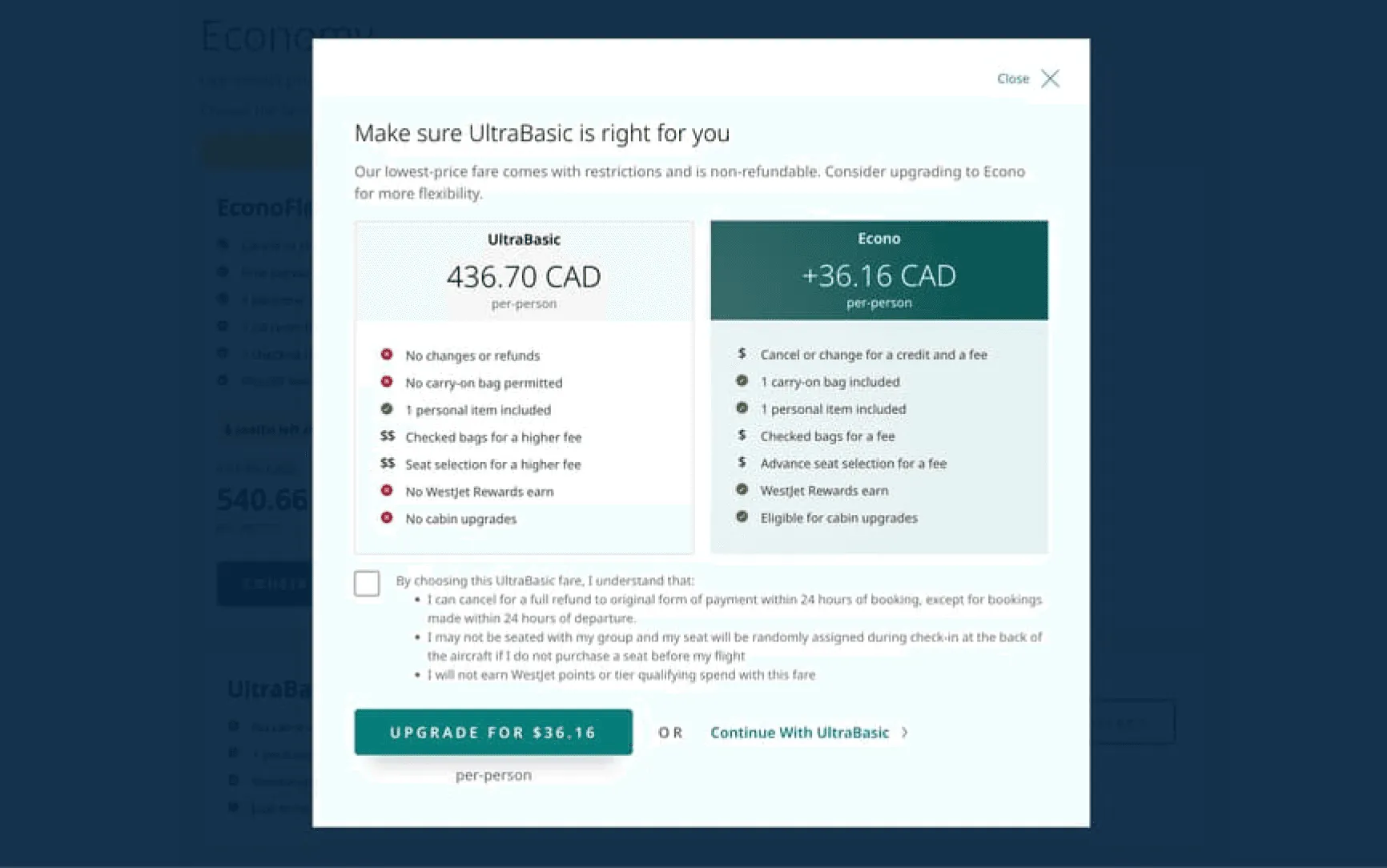 WestJet live fare interstitial asking the user to reconsider the cheapest fare they just chose