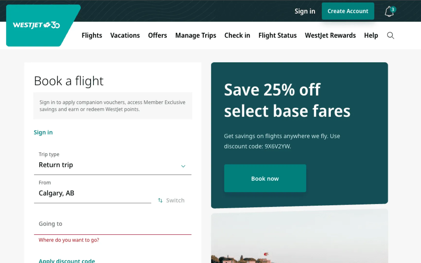 WestJet live landing page: empty destination field already styled red, and a promotional block competing with the search form