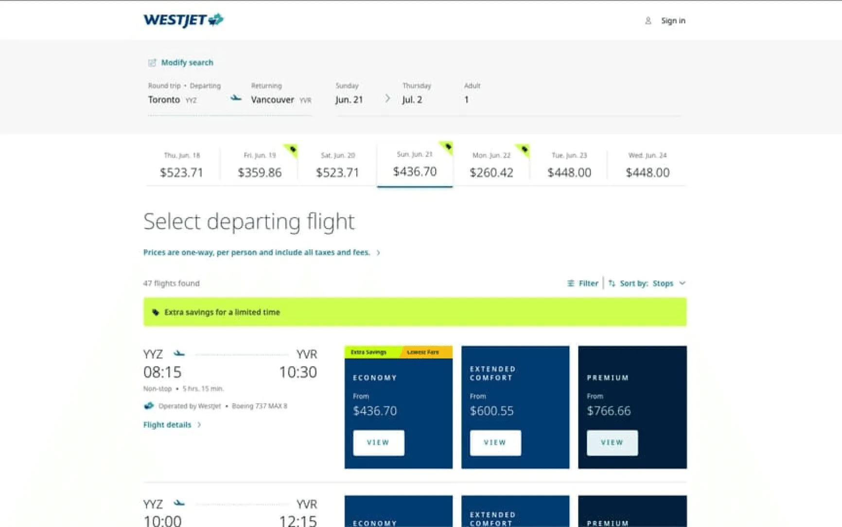 WestJet live search results: 47 unranked flights, with the same savings message repeated as a banner, a date-cell tag and a fare-card tag