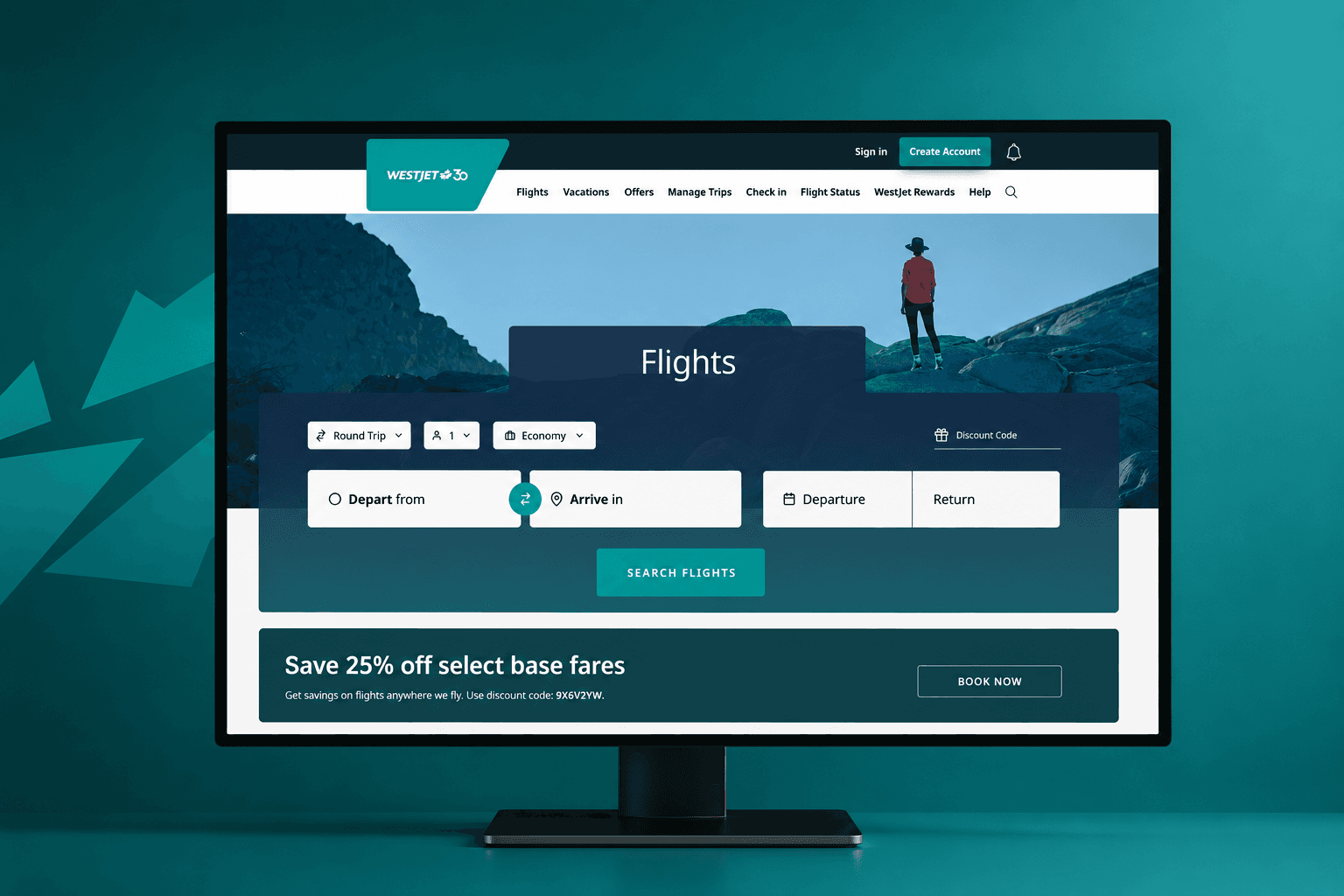 The redesigned WestJet flight search shown on a desktop monitor, with the hero image, trip controls and Search Flights action in view
