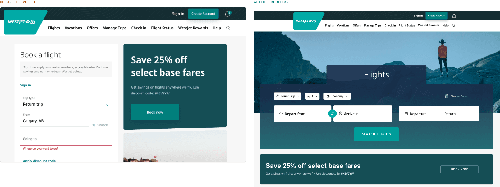 Landing page before and after, side by side: the old page splitting attention across search, a promo block and a hero image, beside the redesign anchored on a single Search Flights action
