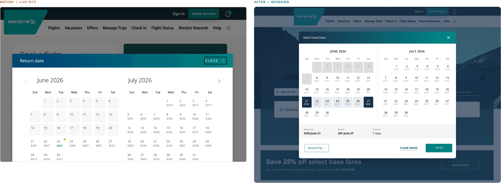 Date picker before and after, side by side: the old calendar with no trip context, beside the redesign showing departure, return and a seven day duration under the calendar
